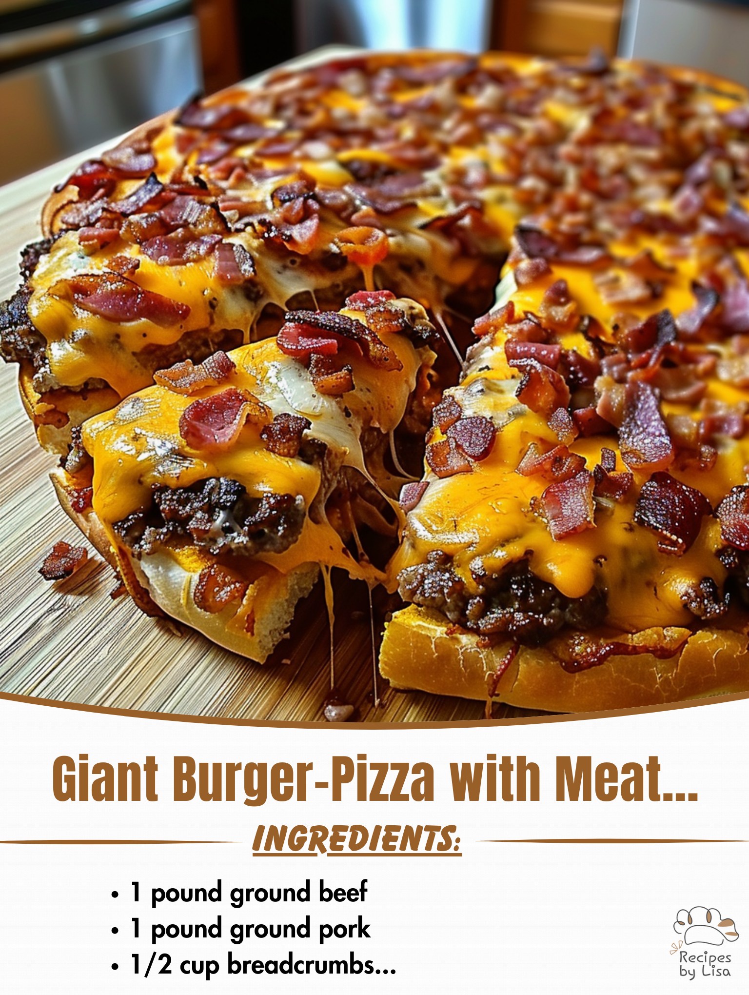 Giant Burger-Pizza with Meat, Cheese, and Bacon Slices