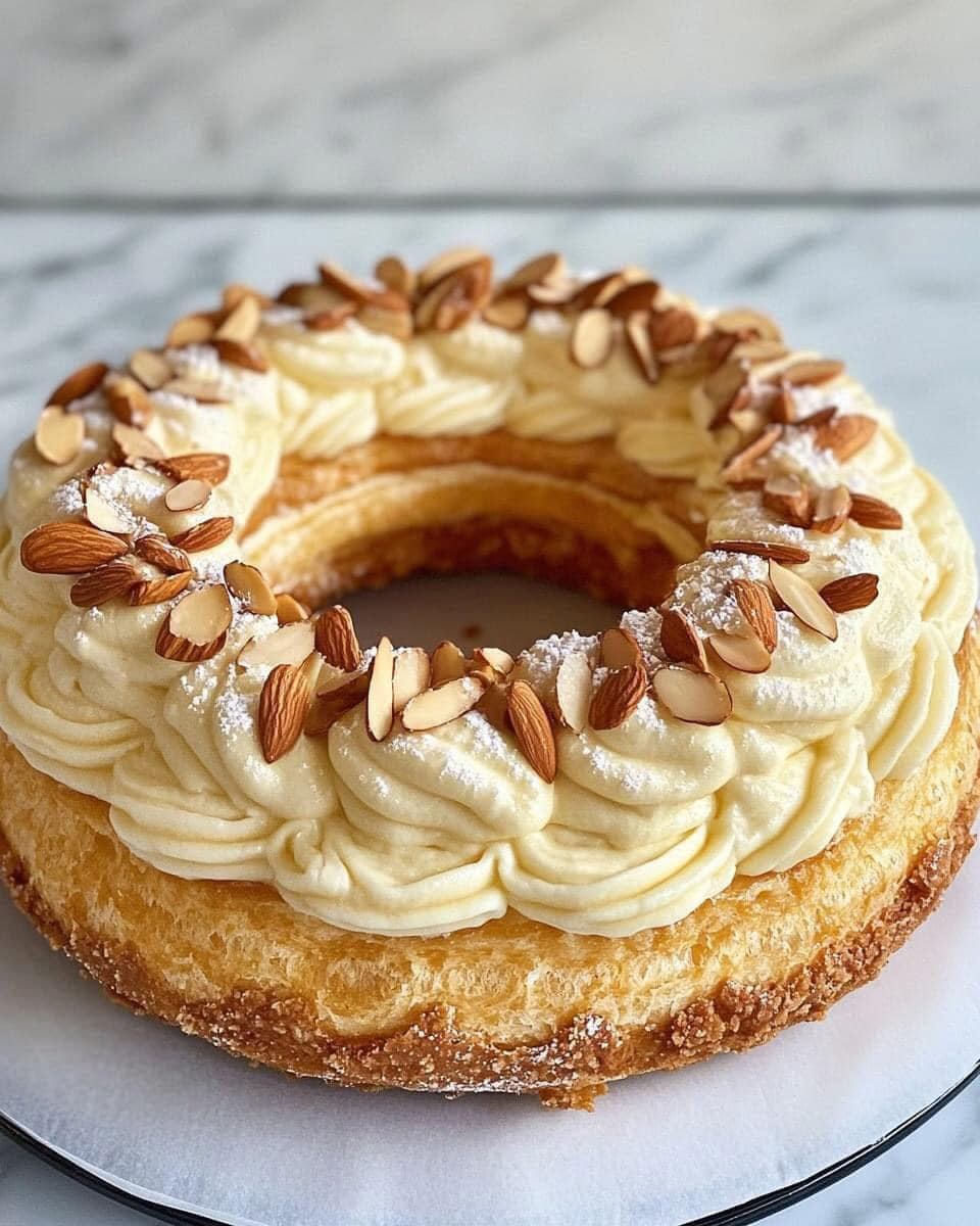 Paris-Brest with almond crust and creamy vanilla filling