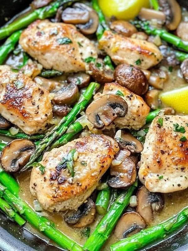 ONE POT LEMON CHICKEN MUSHROOM ASPARAGUS SKILLET