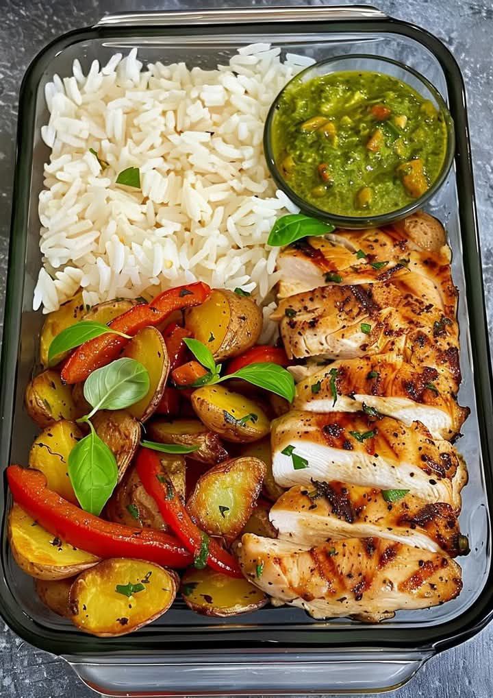Garlic Chicken & Roasted Potatoes with Creamy Pesto Sauce