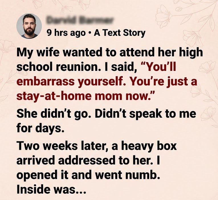 I Called My Wife ‘Just a Stay-at-Home Mom’ and Stopped Her From Going to Her Reunion—Then a Box Arrived That Left Me Numb