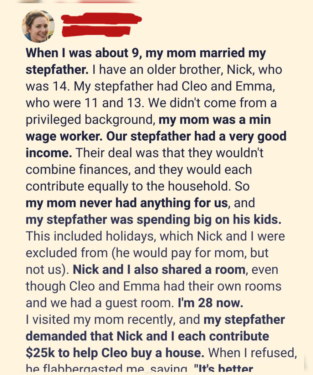 My stepfather demanded I pay for his daughter’s new house — but what he didn’t know was that my mother had been hiding a 19-year secret that would change everything.