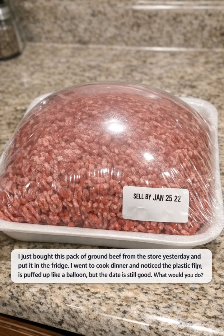 I just bought this pack of ground beef from the store yesterday and put it in the fridge. I went to cook dinner and noticed the plastic film is puffed up like a balloon, but the date is still good. Wh