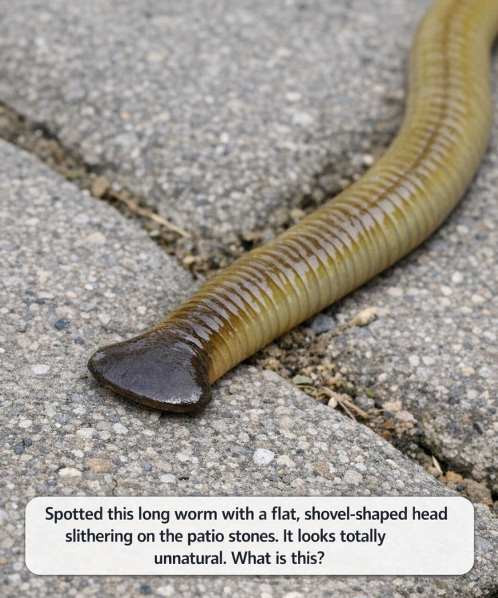 Spotted this long worm with a flat, shovel-shaped head slithering on the patio stones. It looks totally unnatural. What is this?
