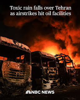 Thick black smoke billowed into the sky, making day seem more like night. Toxic rain mixed with oil fell from the air, while a central boulevard was lined by a wall of flame. In the Iranian capital, authorities said Israeli strikes hit a number of oil and gas facilities in and around the city. In one video geolocated by NBC News, roiling orange flames and belching smoke could be seen rising from the Aghdasieh fuel depot in the city’s northern Tajrish district. 👇🏻⬇️more in the 1rst comments ⬇️👇🏻