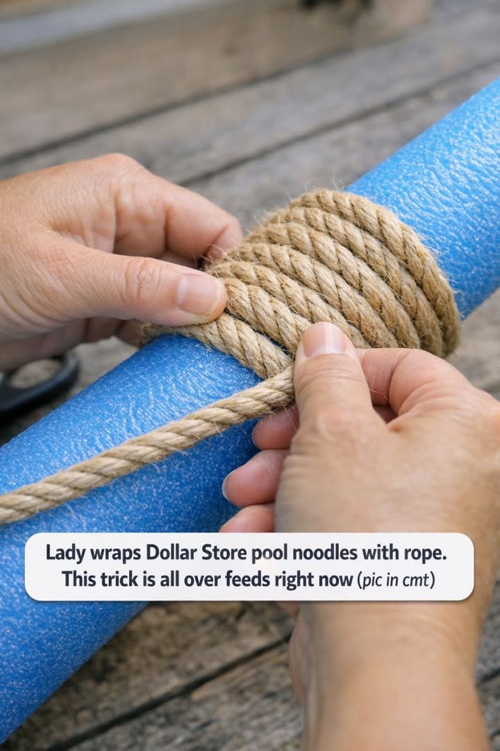 Lady wraps Dollar Store pool noodles with rope. This trick is all over feeds right now
