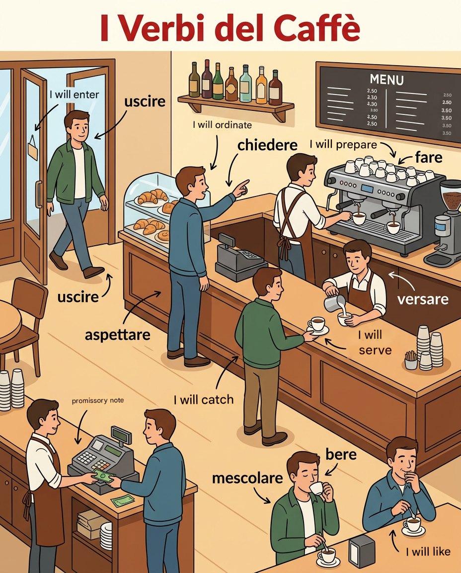A single illustrated scene of a busy café can teach more than menu items