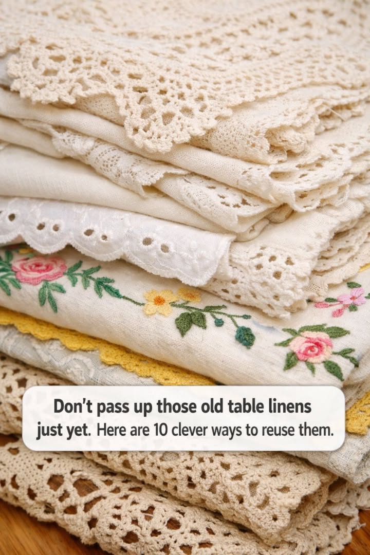 Don’t pass up those old table linens just yet. Here are 10 clever ways to reuse them