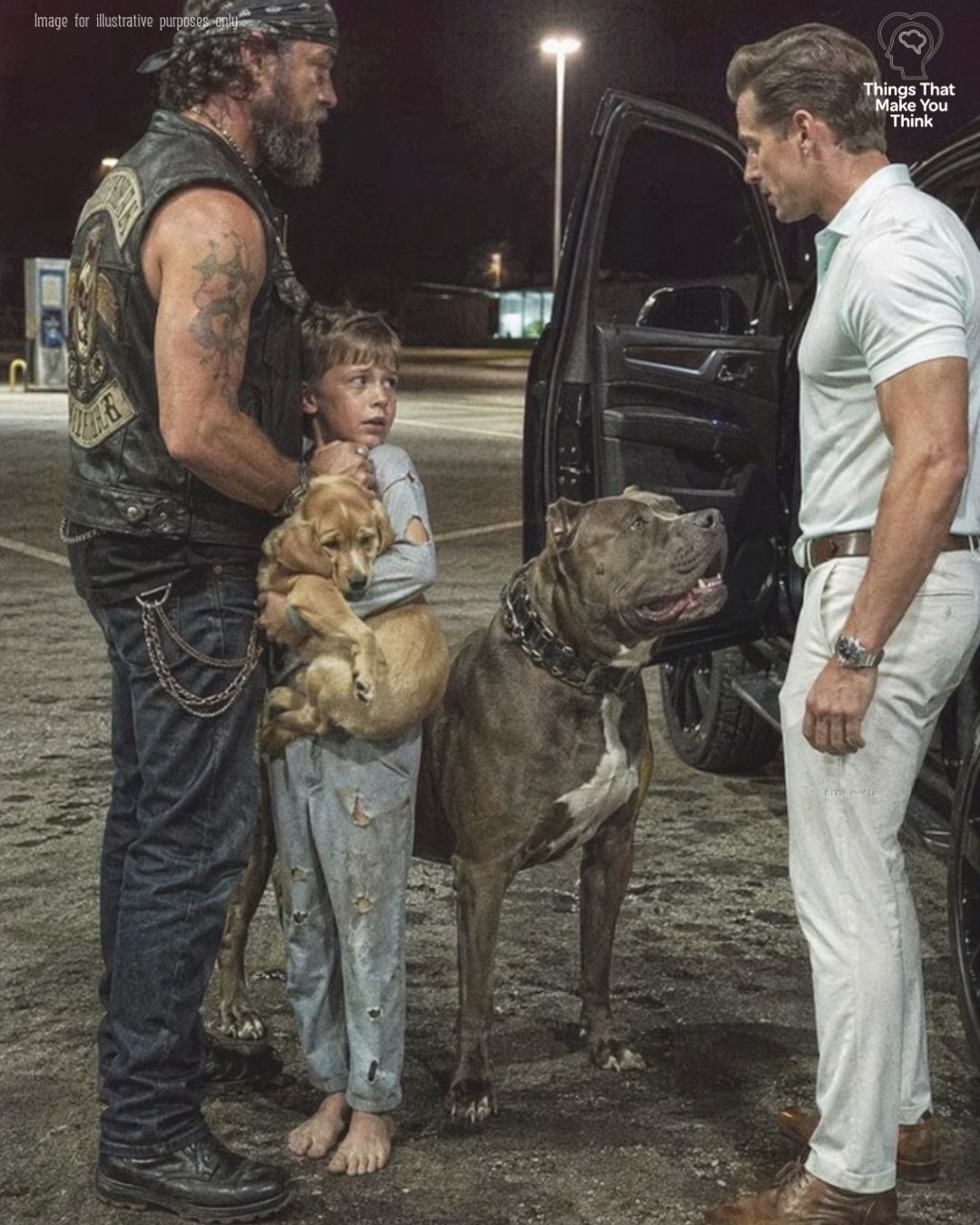 A terrified 7-year-old boy sprinted toward my scarred, 70-pound pitbull at a midnight rest stop, clutching a shivering puppy and whispering, “Please don’t let him take her.” A sleek luxury SUV screeched into the empty parking lot before I could even ask the kid his name. The man who stepped out looked like a magazine model in crisp golf clothes, projecting the kind of easy confidence that usually gets whatever it wants. He put on a warm, practiced smile. Walking toward us, he held his hands up like he was apologizing for a nuisance. “I am so sorry for the trouble,” he sighed. He introduced himself as Richard, claiming his stepson had severe behavioral issues, made up wild stories, and had run off with the family’s new puppy. His voice was smooth and authoritative. He reached out, his tone turning stern, telling the boy it was time to go home. But I wasn’t looking at Richard. I was looking at the dogs. The moment the man stepped closer, the tiny golden retriever mix in the boy’s arms let out a sharp, panicked cry. The puppy tried to burrow deeper into the kid’s torn pajamas. Then, Brutus did something he had never done before.